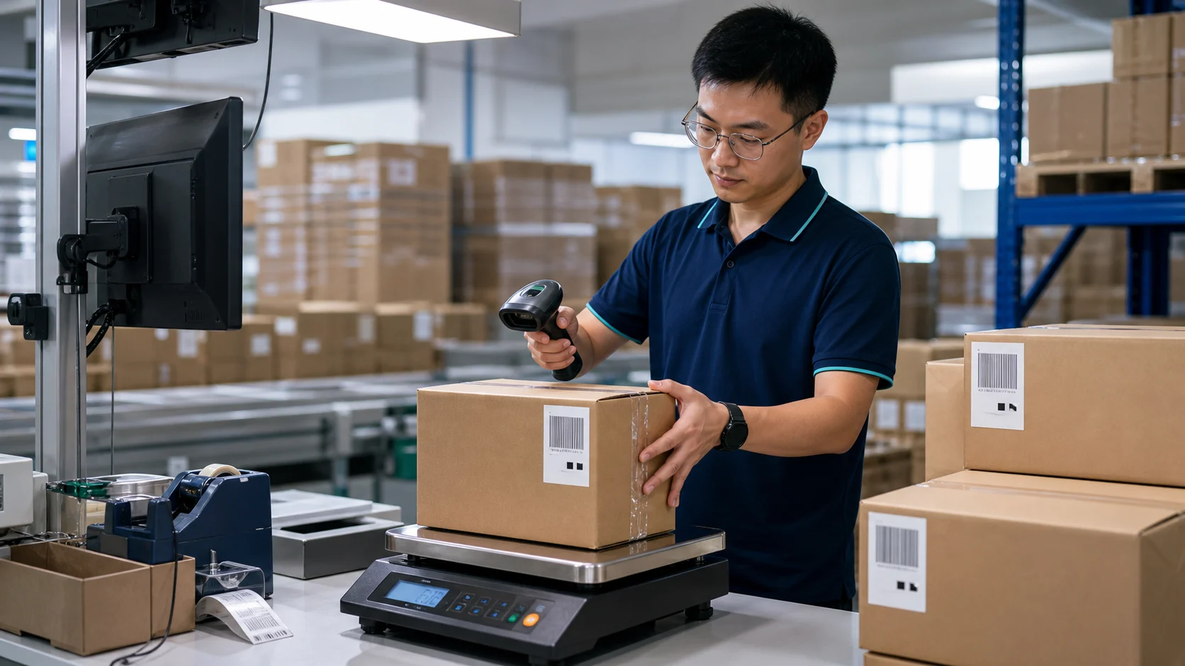 Marketplace fulfillment cartons being scanned and checked at a China preparation warehouse.