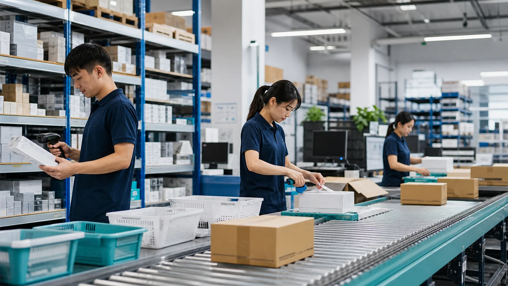 Organized e-commerce fulfillment team picking, scanning and packing orders in China.