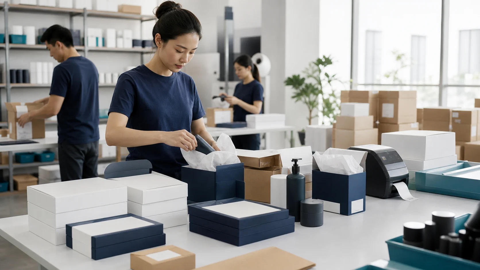 Private-label products being carefully packed and labeled at a China fulfillment studio.