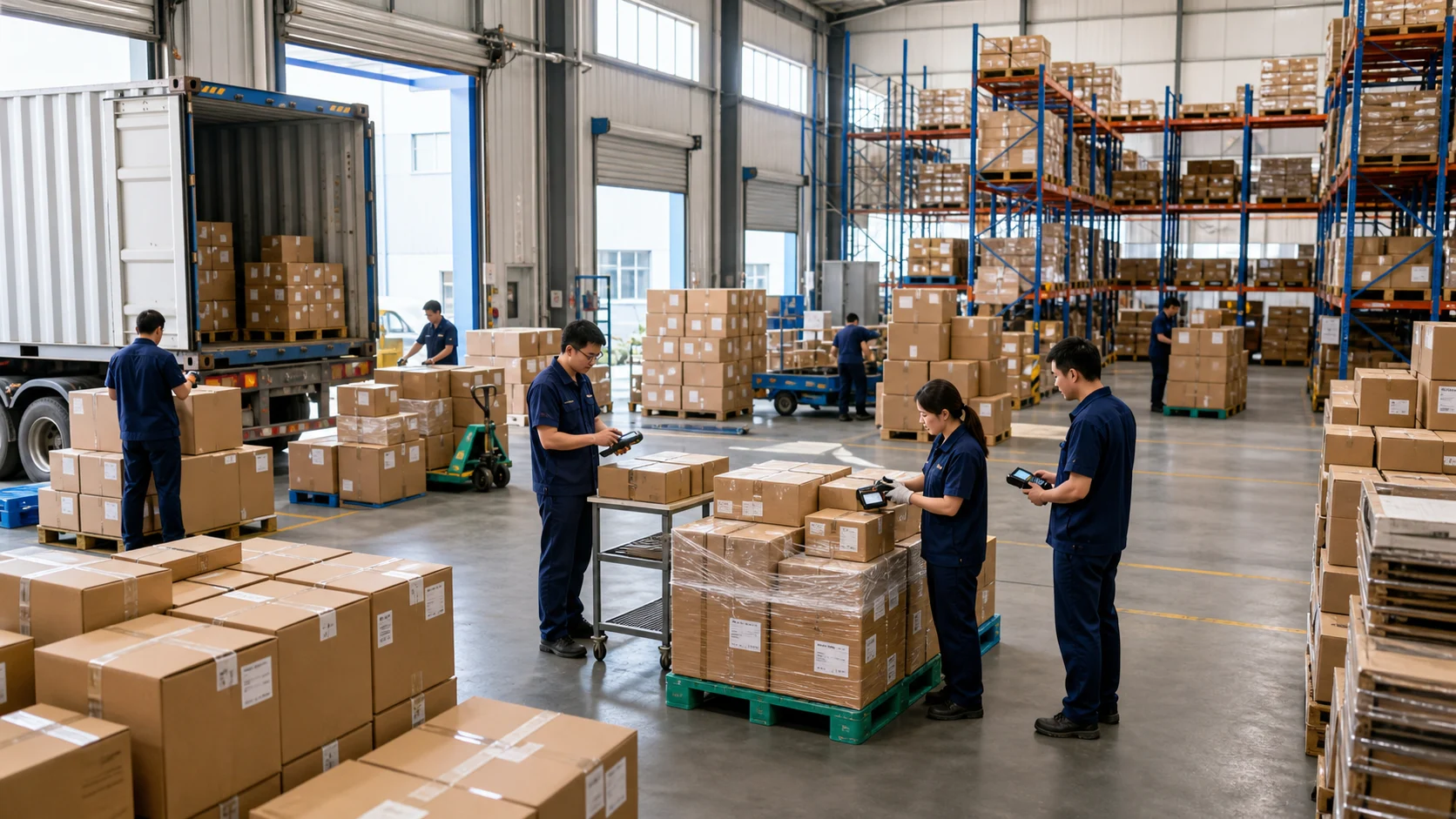 Warehouse team consolidating goods from multiple suppliers